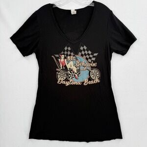 Liberty Wear T-Shirt Women XL Black Daytona Beach Pinup Girl‎ V-Neck Graphic Tee